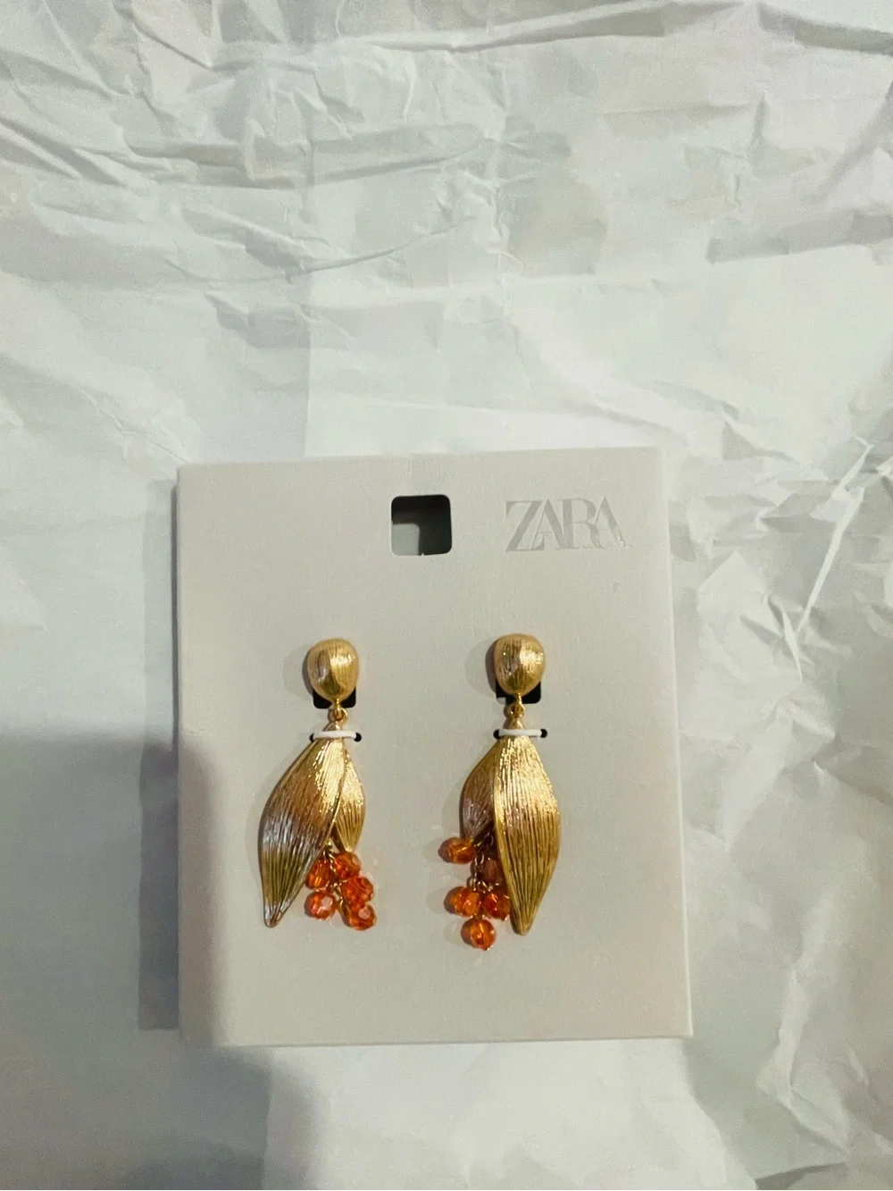 Zara NWT Gold Leaf Drop Earrings with Amber Beaded Accents